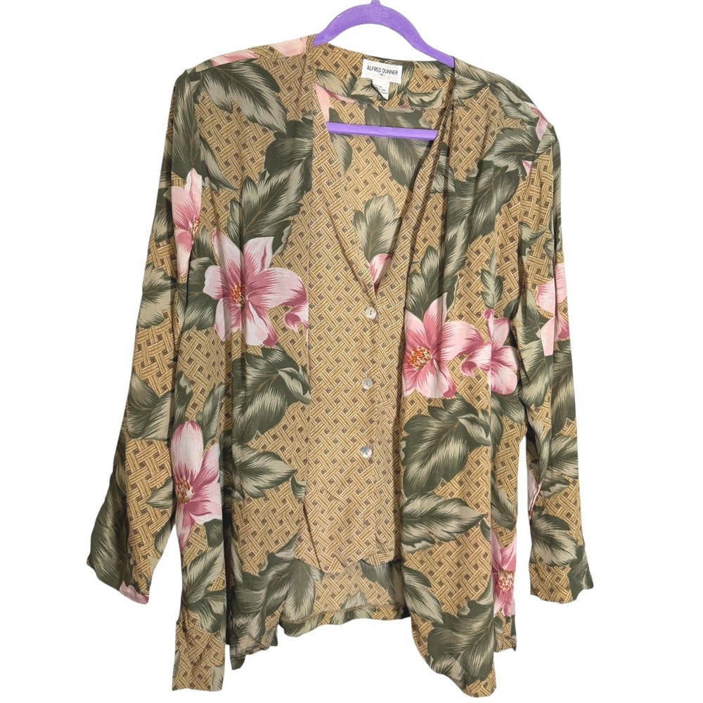 Alfred Dunner 18 Brown Floral Silk 2 Piece Tank Cardigan Set Tropical Coastal